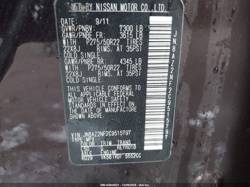 2012 Infiniti Qx56 VIN: JN8AZ2NF2C9515797 Lot: 43844521