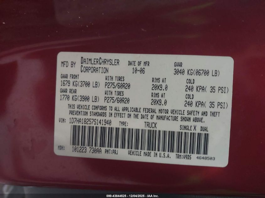 2007 Dodge Ram 1500 Slt VIN: 1D7HA18257S141940 Lot: 43844525