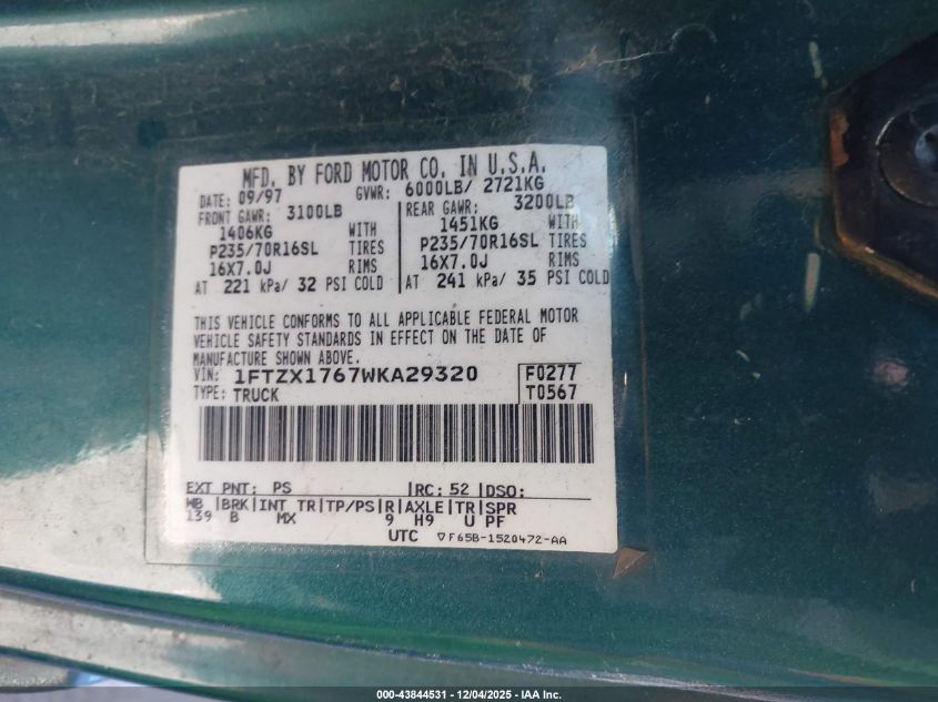 1998 Ford F-150 Lariat/Standard/Xl/Xlt VIN: 1FTZX1767WKA29320 Lot: 43844531