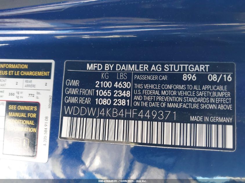 2017 Mercedes-Benz C 300 4Matic VIN: WDDWJ4KB4HF449371 Lot: 43844539