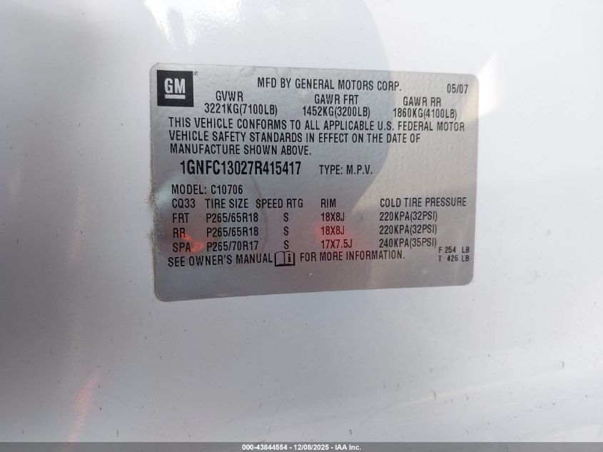 2007 Chevrolet Tahoe Lt VIN: 1GNFC13027R415417 Lot: 43844554