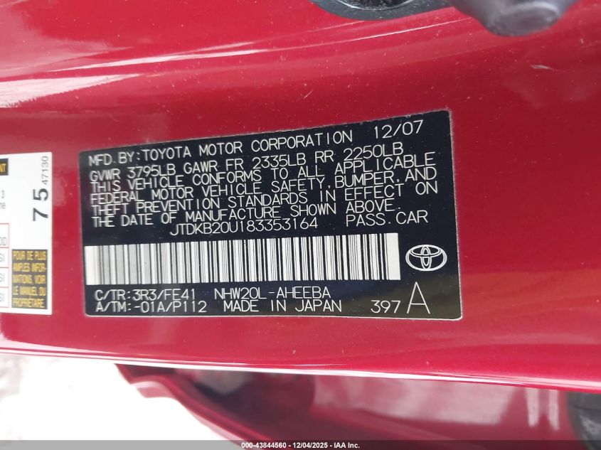 2008 Toyota Prius VIN: JTDKB20U183353164 Lot: 43844560