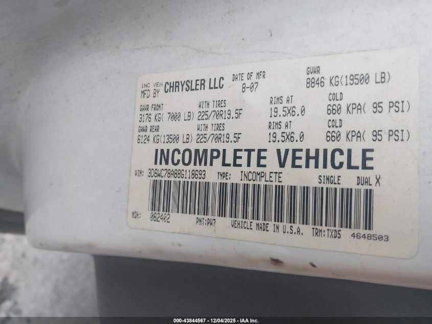 2008 Dodge Ram 5500 Hd Chassis St/Slt/Laramie VIN: 3D6WC78A88G118693 Lot: 43844567