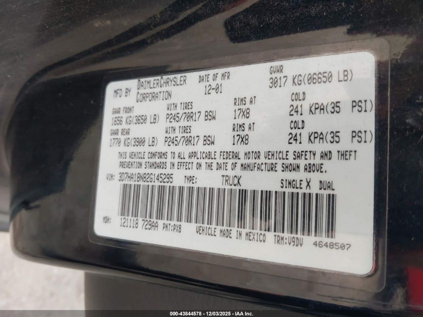 2002 Dodge Ram 1500 St VIN: 3D7HA18N82G145295 Lot: 43844578