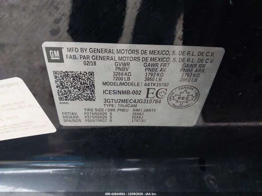 2018 GMC Sierra 1500 Sle VIN: 3GTU2MEC4JG310784 Lot: 43844584