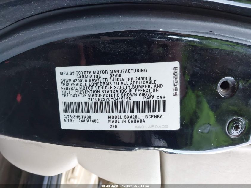 2000 Toyota Camry Solara Se VIN: 2T1CG22P8YC419195 Lot: 43844587