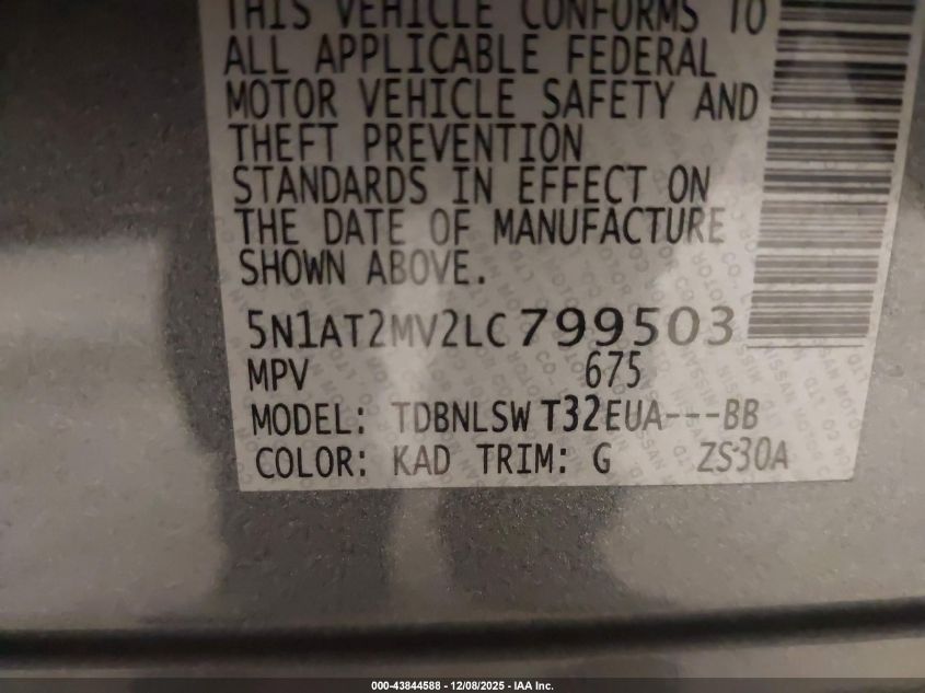 2020 Nissan Rogue Sl Intelligent Awd VIN: 5N1AT2MV2LC799503 Lot: 43844588