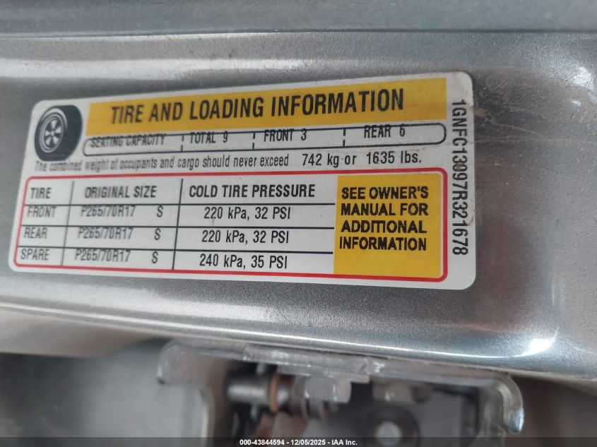 2007 Chevrolet Tahoe Ls VIN: 1GNFC13097R321678 Lot: 43844594