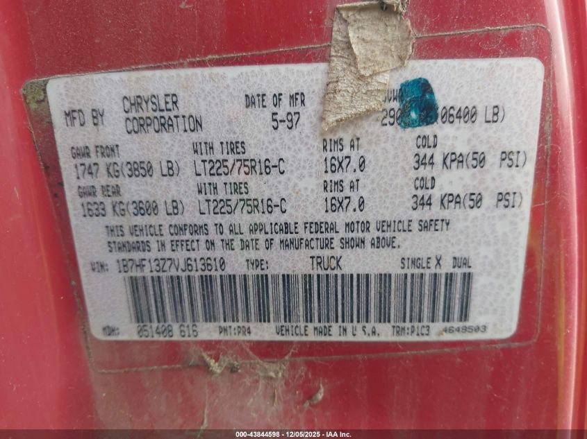 1997 Dodge Ram 1500 St VIN: 1B7HF13Z7VJ613610 Lot: 43844598