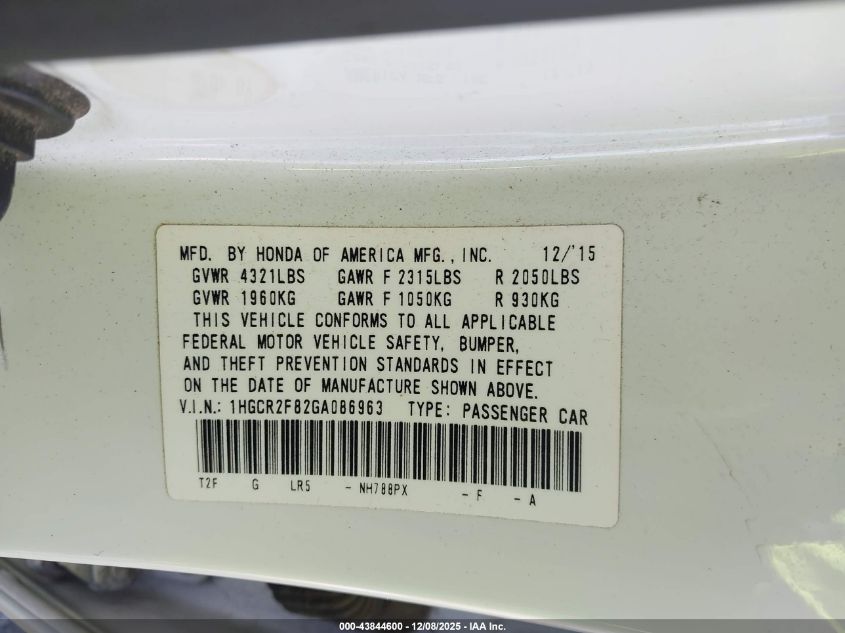 2016 Honda Accord Ex-L VIN: 1HGCR2F82GA086963 Lot: 43844600