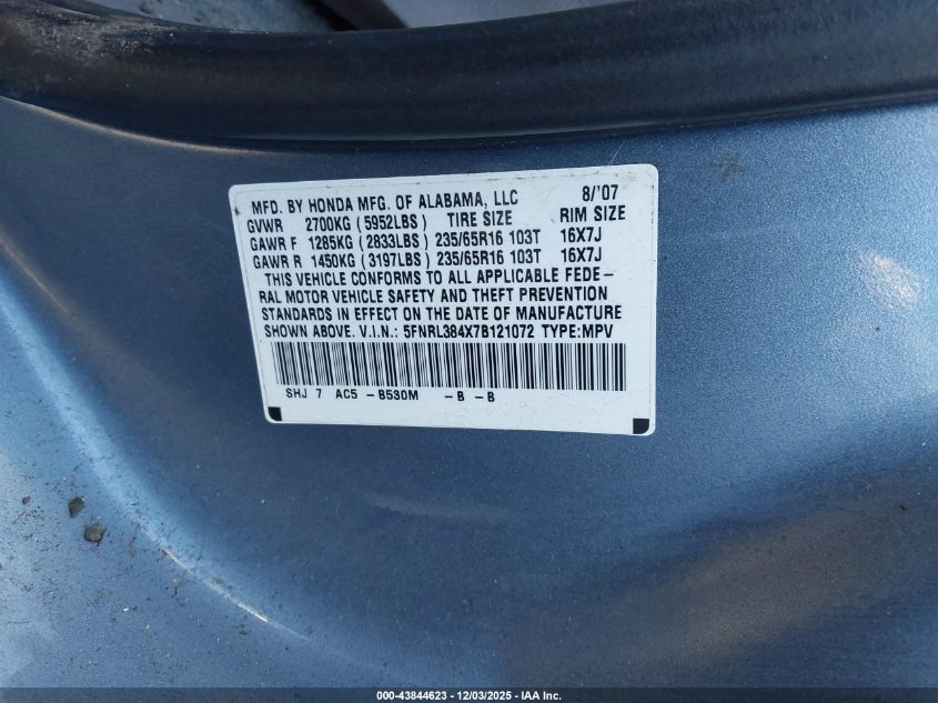 2007 Honda Odyssey Ex VIN: 5FNRL384X7B121072 Lot: 43844623