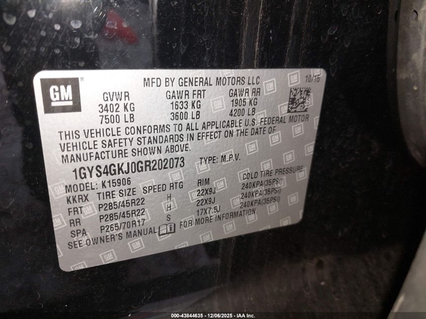 2016 Cadillac Escalade Esv Standard VIN: 1GYS4GKJ0GR202073 Lot: 43844635