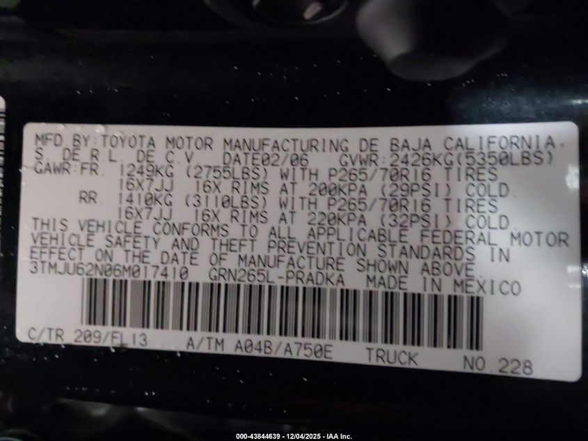 2006 Toyota Tacoma Prerunner V6 VIN: 3TMJU62N06M017410 Lot: 43844639