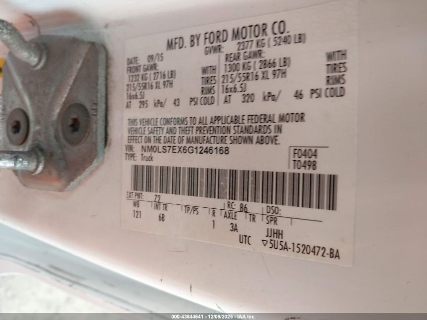 2016 Ford Transit Connect Xl VIN: NM0LS7EX6G1246168 Lot: 43844641