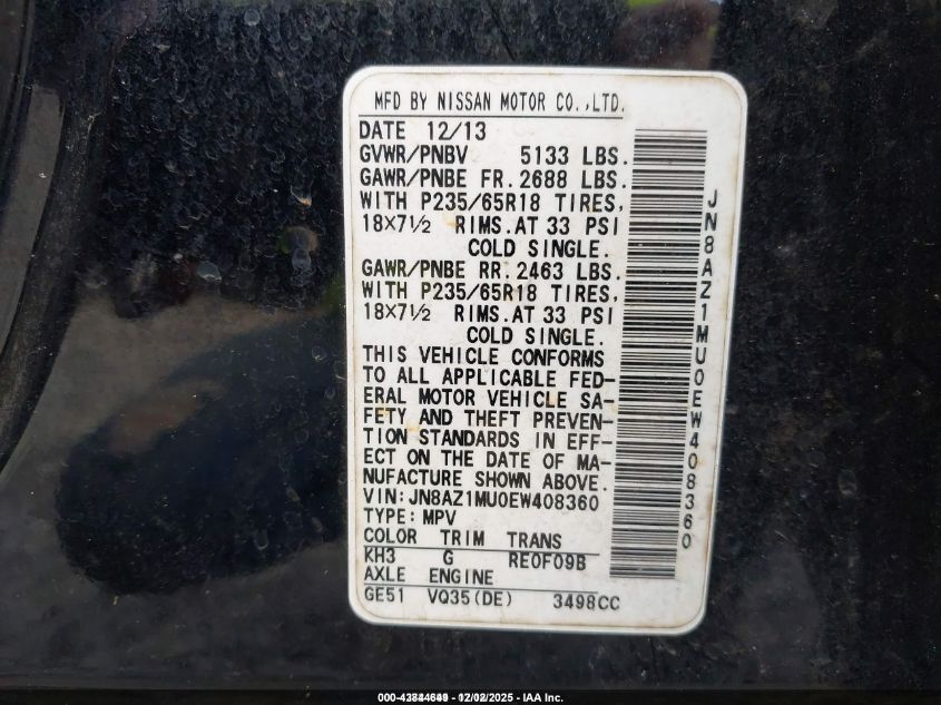 2014 Nissan Murano Le/S/Sl/Sv VIN: JN8AZ1MU0EW408360 Lot: 43844649