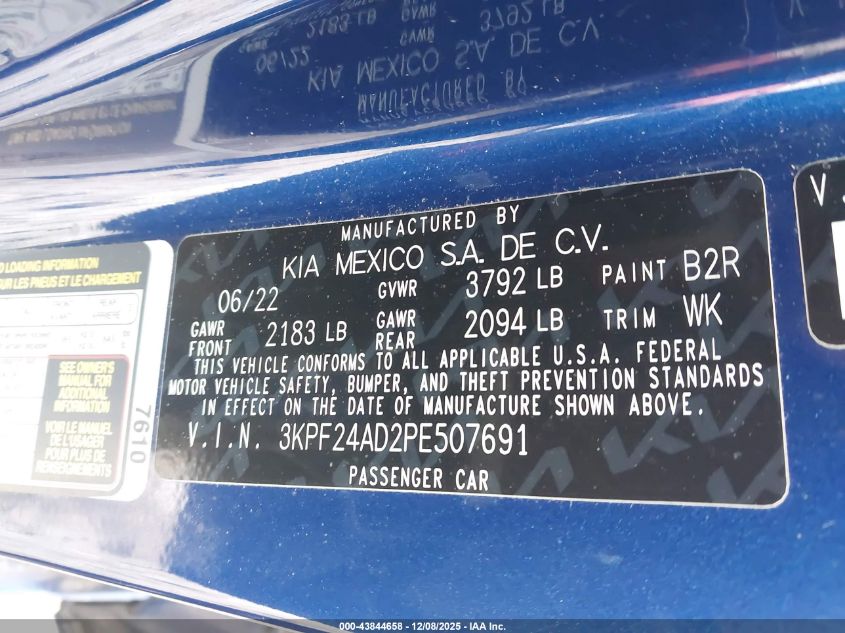 2023 Kia Forte Lxs VIN: 3KPF24AD2PE507691 Lot: 43844658