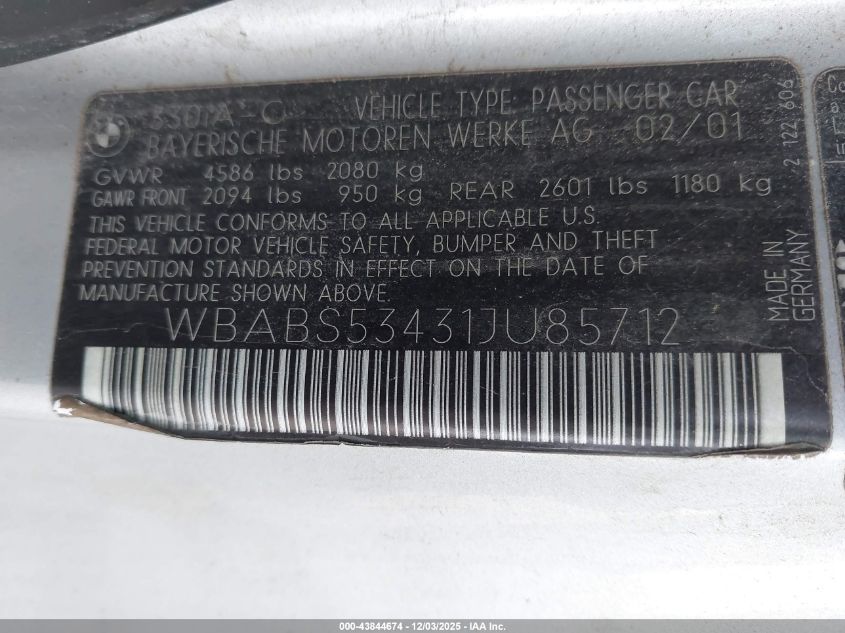 2001 BMW 330Ci VIN: WBABS53431JU85712 Lot: 43844674