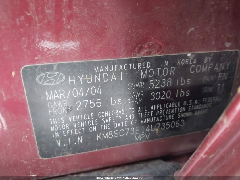 2004 Hyundai Santa Fe Gls/Lx VIN: KM8SC73E14U735063 Lot: 43844688