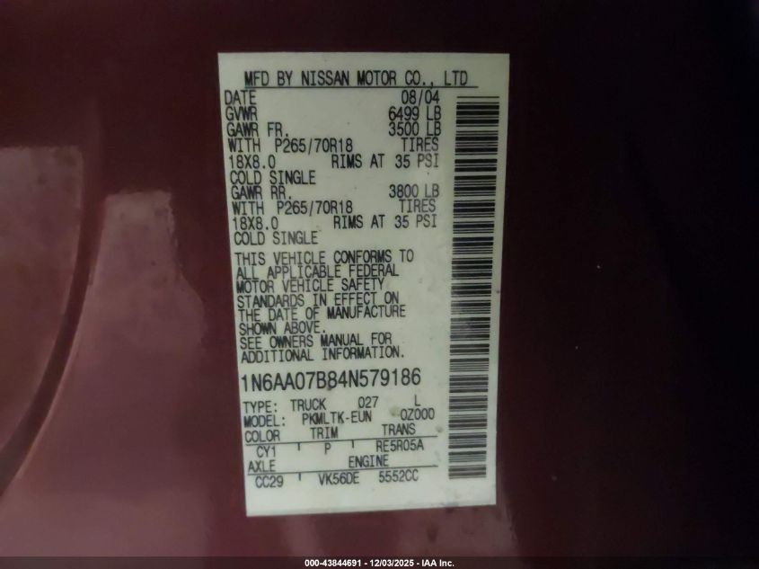 2004 Nissan Titan Se VIN: 1N6AA07B84N579186 Lot: 43844691