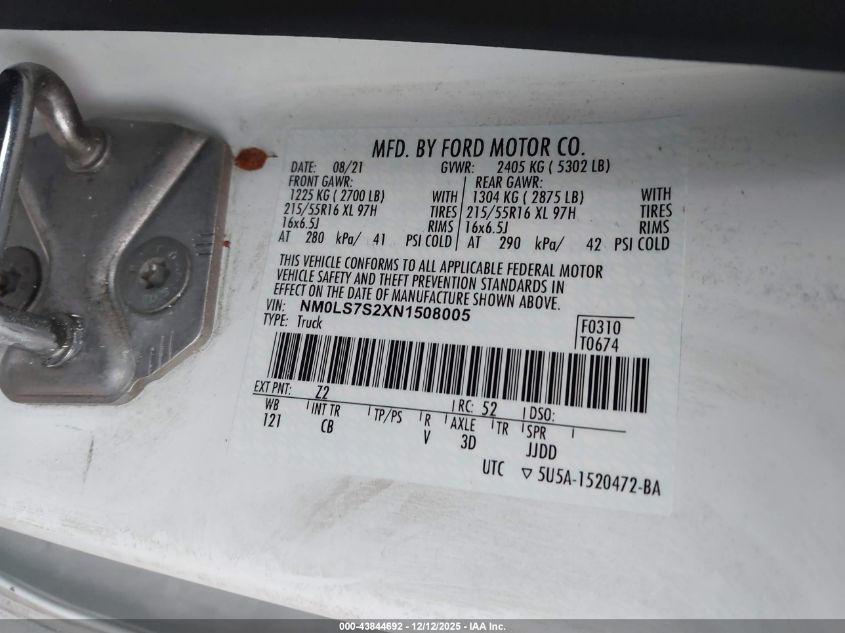 2022 Ford Transit Connect Xl VIN: NM0LS7S2XN1508005 Lot: 43844692