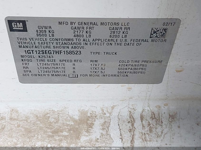 2017 GMC Sierra 2500Hd Sle VIN: 1GT12SEG7HF158523 Lot: 43844701