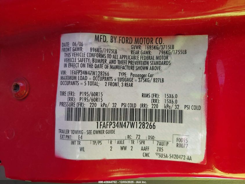 2007 Ford Focus S/Se/Ses VIN: 1FAFP34N47W128266 Lot: 43844702