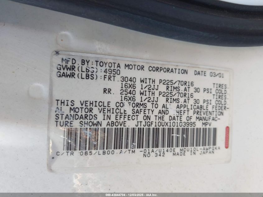 2001 Lexus Rx 300 VIN: JTJGF10UX10103995 Lot: 43844704