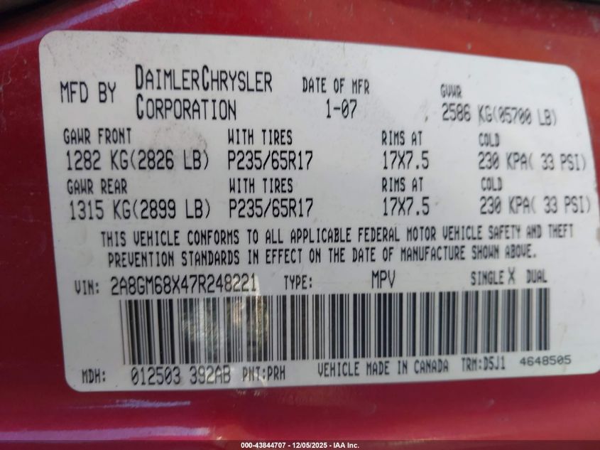 2007 Chrysler Pacifica Touring VIN: 2A8GM68X47R248221 Lot: 43844707