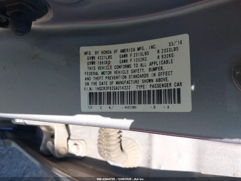2016 Honda Accord Ex-L VIN: 1HGCR2F92GA214322 Lot: 43844709