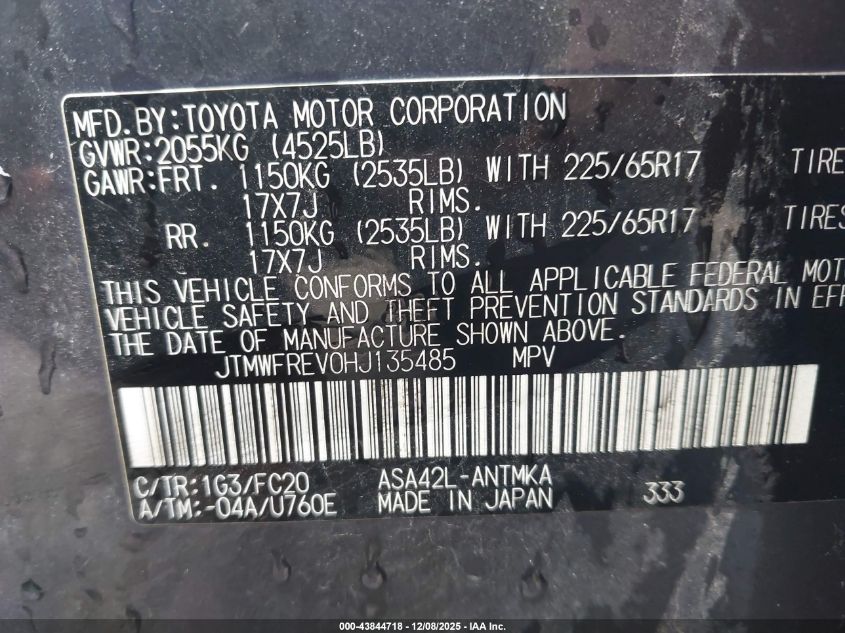 2017 Toyota Rav4 Xle VIN: JTMWFREV0HJ135485 Lot: 43844718