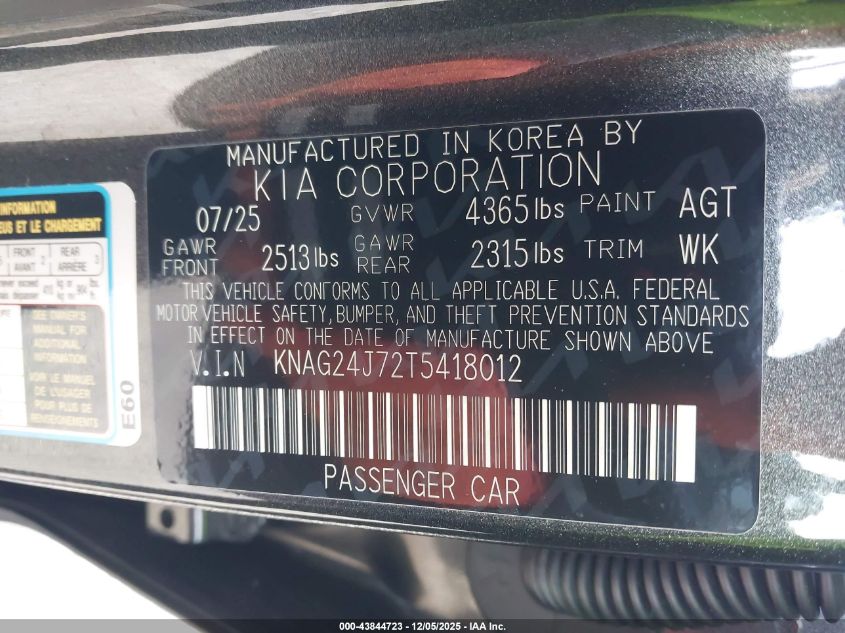 2026 Kia K5 Lxs Fwd VIN: KNAG24J72T5418012 Lot: 43844723