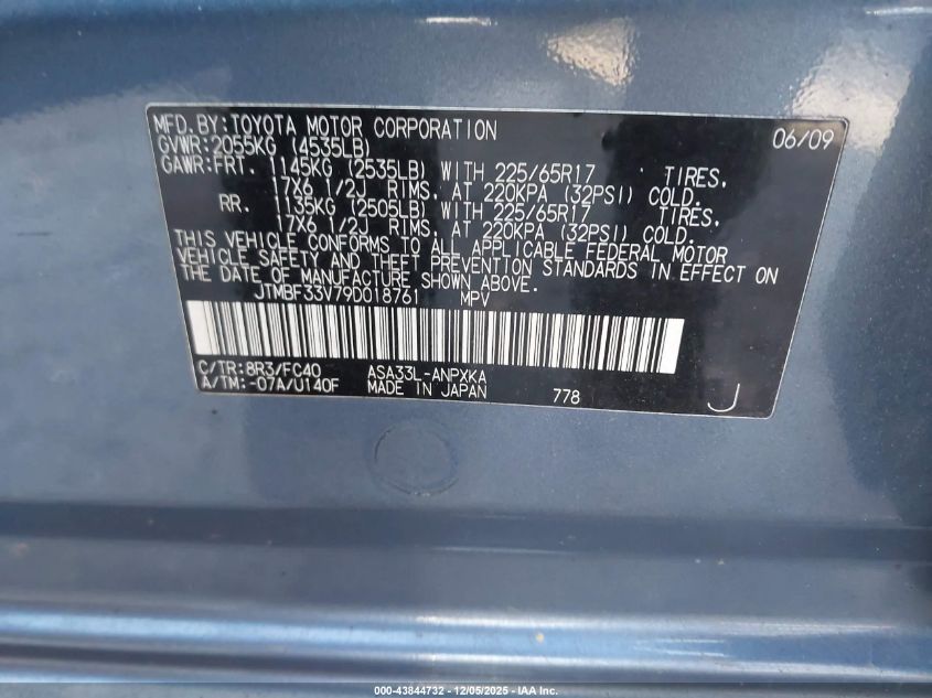 2009 Toyota Rav4 VIN: JTMBF33V79D018761 Lot: 43844732