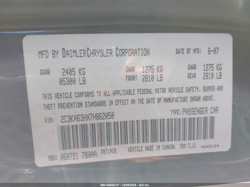 2007 Chrysler 300C VIN: 2C3KA63HX7H862050 Lot: 43844737