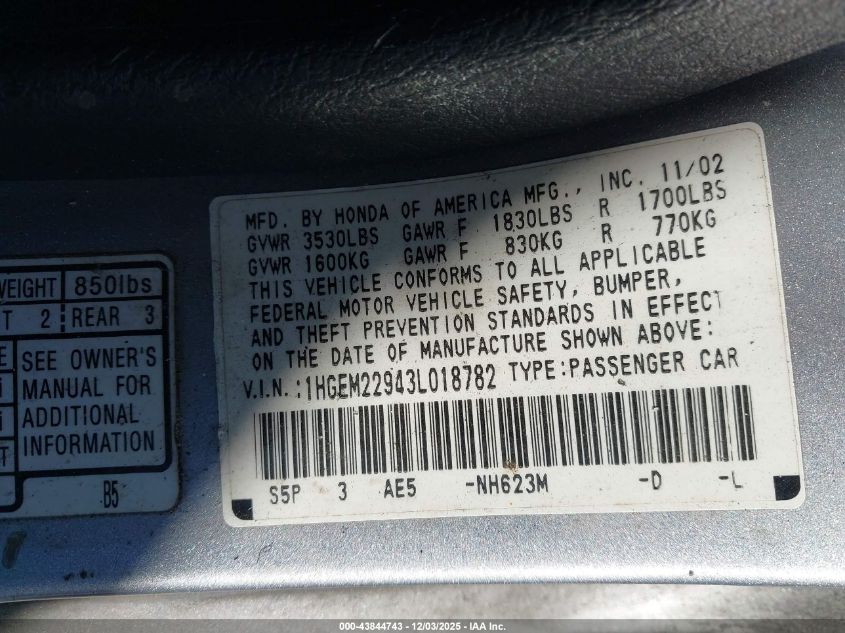 2003 Honda Civic Ex VIN: 1HGEM22943L018782 Lot: 43844743