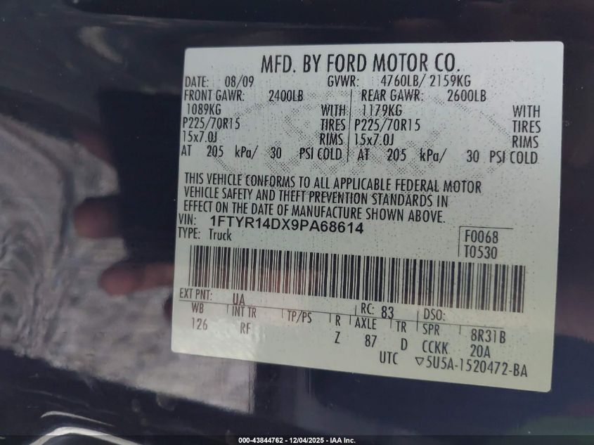 2009 Ford Ranger Xl/Xlt VIN: 1FTYR14DX9PA68614 Lot: 43844762