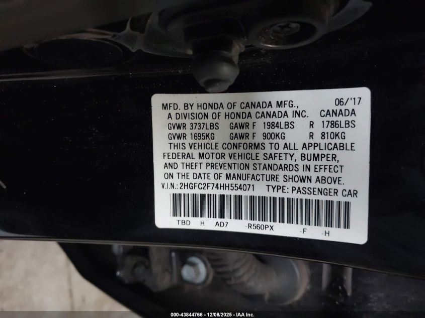 2017 Honda Civic Ex VIN: 2HGFC2F74HH554071 Lot: 43844766