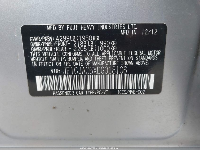 2013 Subaru Impreza 2.0I Premium VIN: JF1GJAC6XDG018106 Lot: 43844772