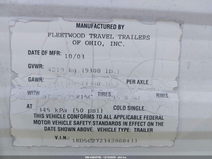 2004 Wilderness 275Cks VIN: 1ED5C272342968433 Lot: 43844788