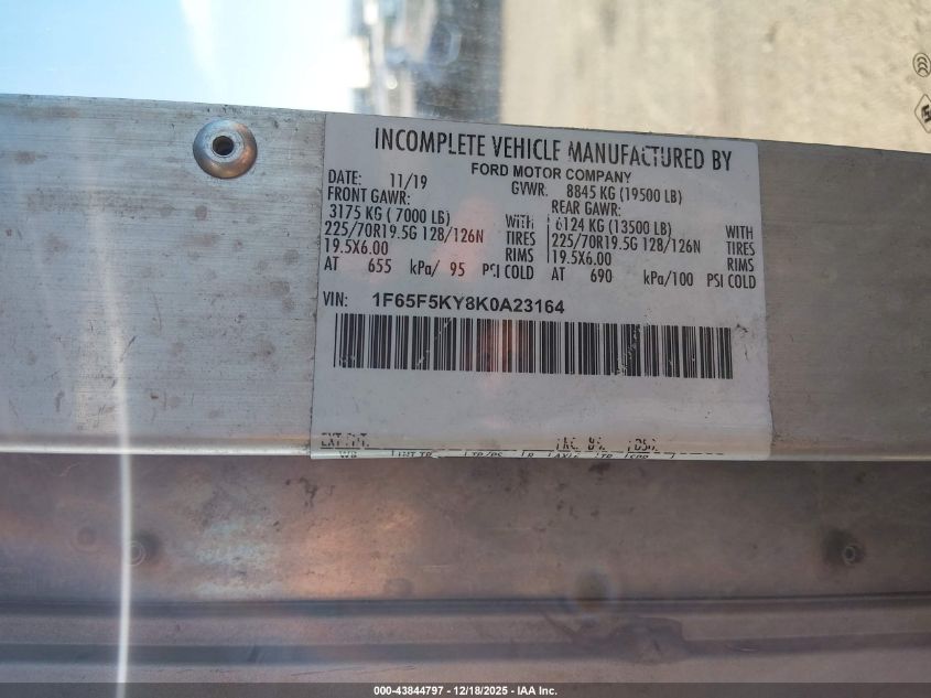 2019 Ford F-59 Commercial Stripped VIN: 1F65F5KY8K0A23164 Lot: 43844797