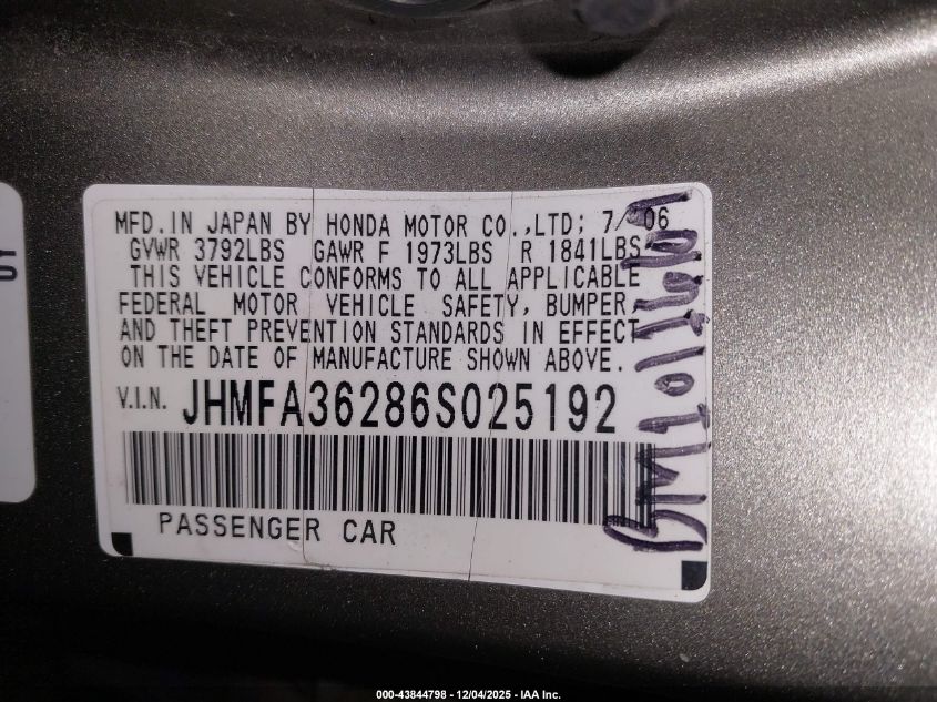 2006 Honda Civic Hybrid VIN: JHMFA36286S025192 Lot: 43844798