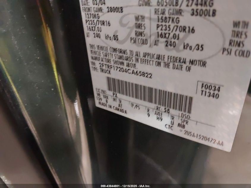 2004 Ford F-150 Heritage Xl/Xlt VIN: 2FTRF17204CA65822 Lot: 43844801