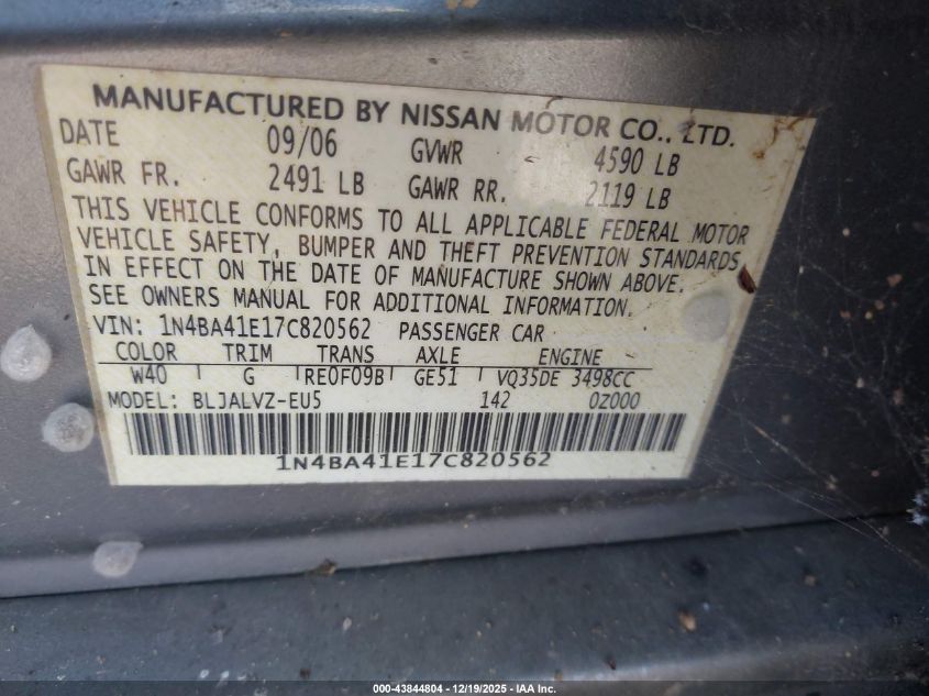 2007 Nissan Maxima 3.5 Se VIN: 1N4BA41E17C820562 Lot: 43844804