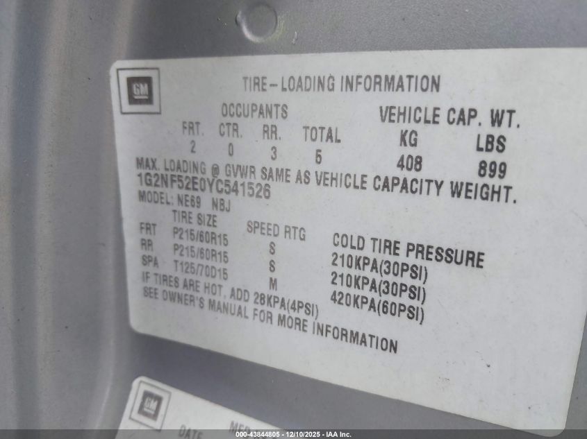 2000 Pontiac Grand Am Se1 VIN: 1G2NF52E0YC541526 Lot: 43844805