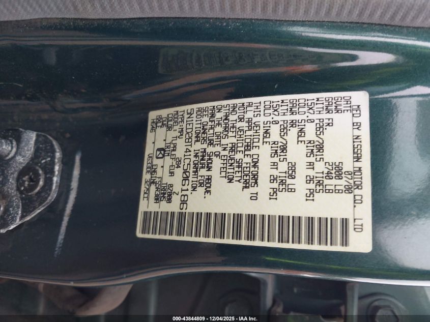 2001 Nissan Xterra Xe-V6 VIN: 5N1ED28T41C506186 Lot: 43844809