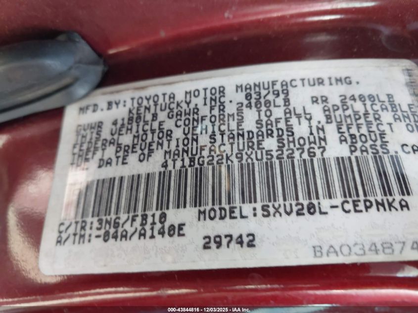 1999 Toyota Camry Le VIN: 4T1BG22K9XU522767 Lot: 43844816