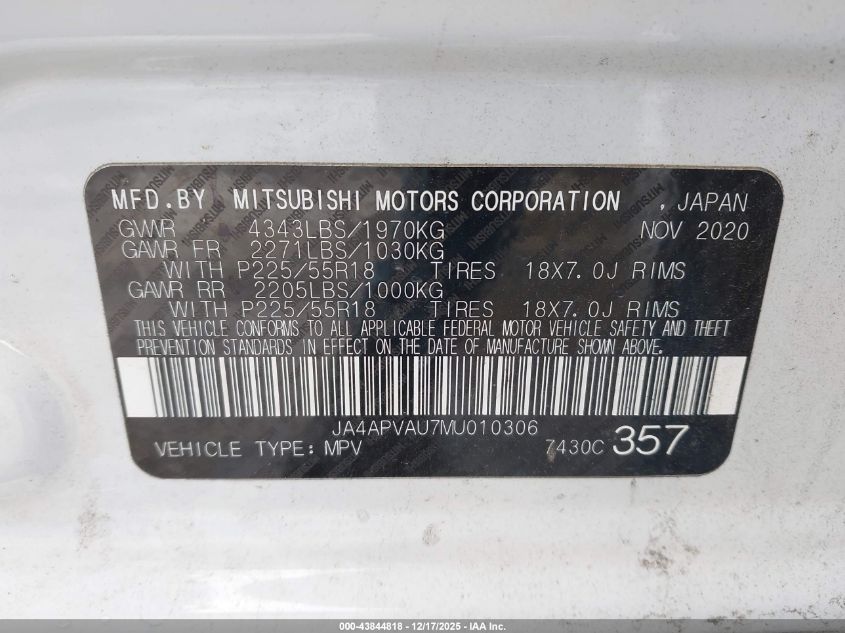 2021 Mitsubishi Outlander Sport 2.0 Se 2Wd VIN: JA4APVAU7MU010306 Lot: 43844818