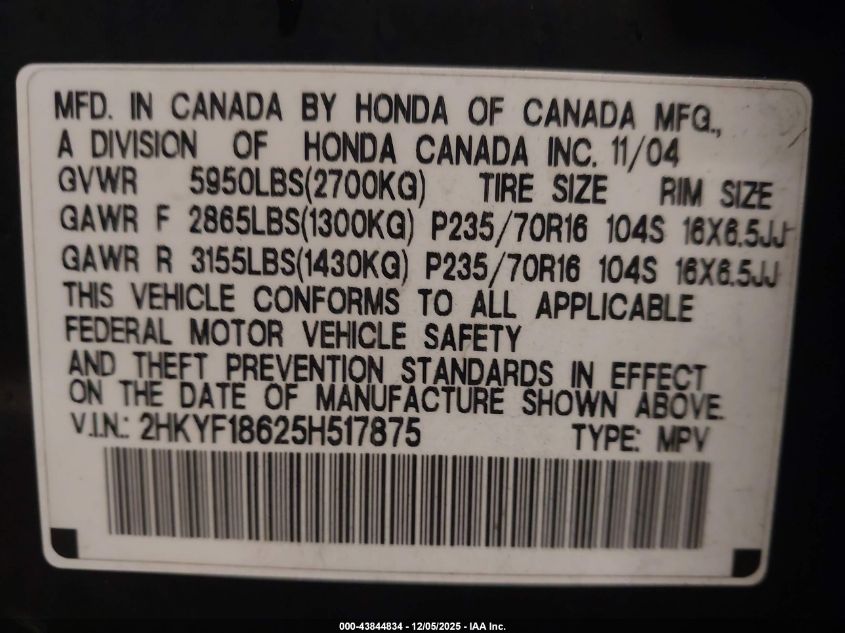 2005 Honda Pilot Ex-L VIN: 2HKYF18625H517875 Lot: 43844834