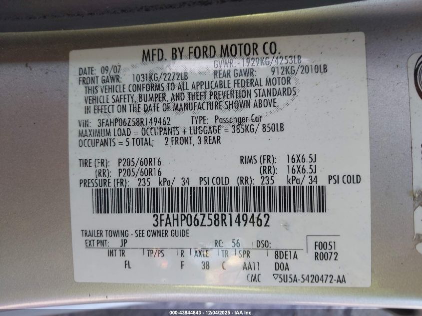 2008 Ford Fusion S VIN: 3FAHP06Z58R149462 Lot: 43844843