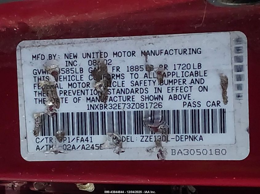 2003 Toyota Corolla Le VIN: 1NXBR32E73Z081726 Lot: 43844844