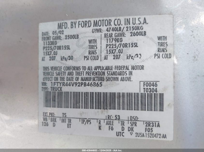 2002 Ford Ranger Edge/Tremor/Xlt VIN: 1FTYR44V92PB46865 Lot: 43844853